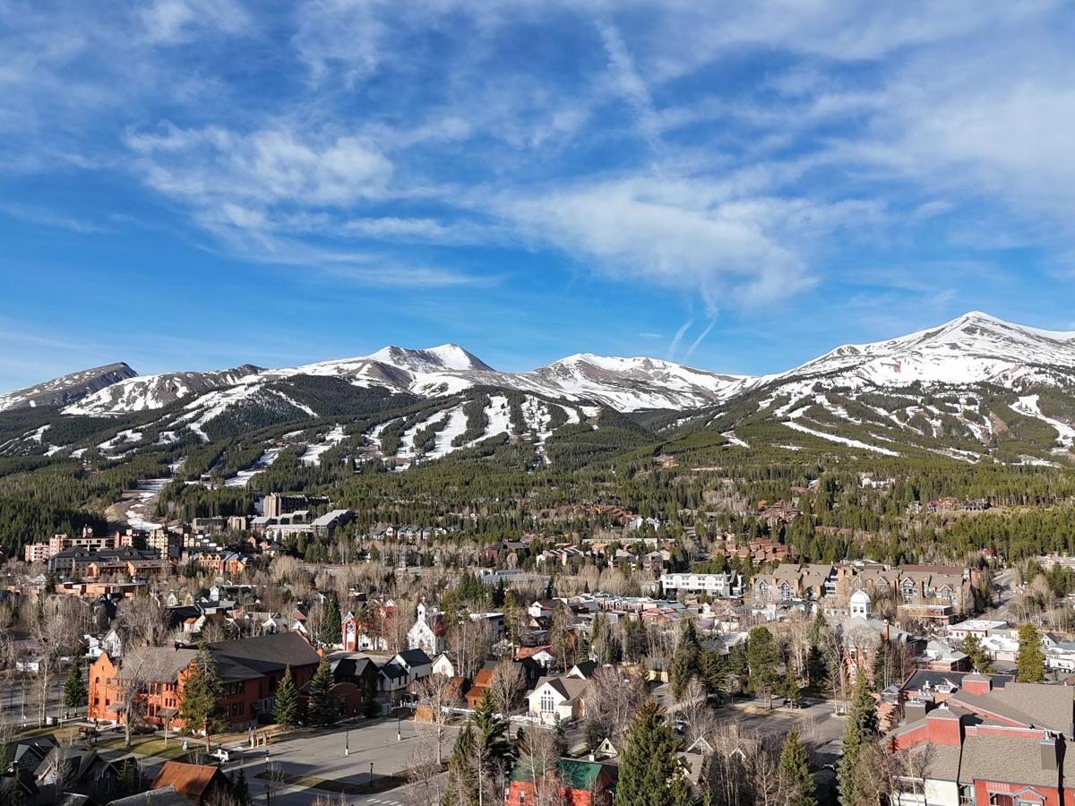 Aerial view of Breckenridge village and ski mountains
